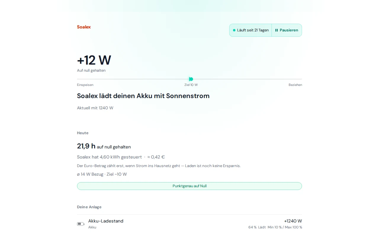 Soalex in Home Assistant: Netz-Leistung +12 W, „Soalex lädt deinen Akku mit Sonnenstrom“, aktuell mit 1240 W