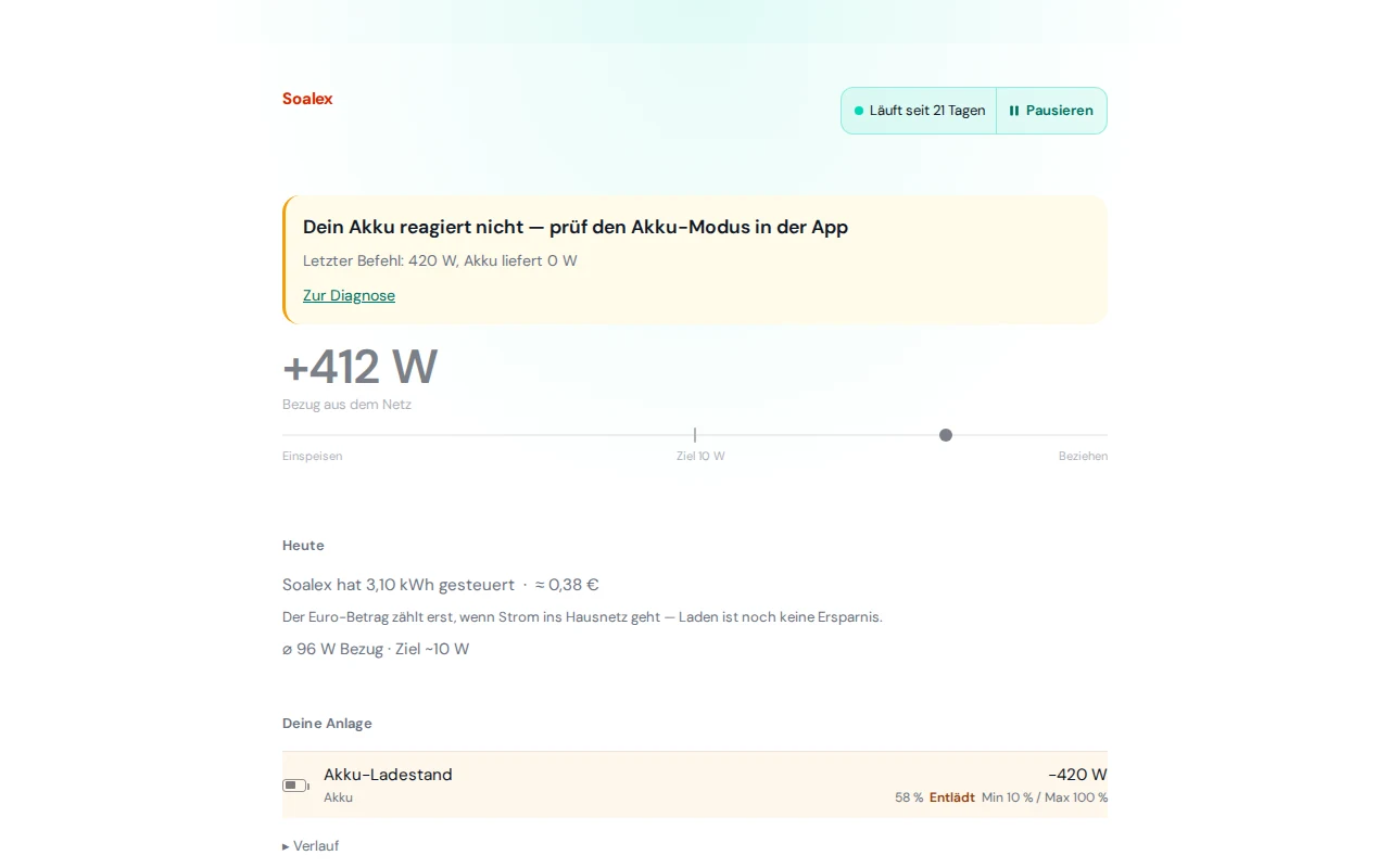 Startseite von Soalex mit dem Hinweis, dass der Akku nicht liefert, obwohl er nicht leer ist